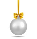 Silver Christmas ball with ribbon and a bow and snowflake isolated on white background. Template of matt realistic Royalty Free Stock Photo