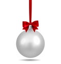 Silver Christmas ball with ribbon and a bow and snowflake isolated on white background. Template of matt realistic Royalty Free Stock Photo