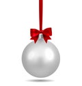 Silver Christmas ball with ribbon and a bow and snowflake isolated on white background. Template of matt realistic