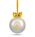 Silver Christmas ball with ribbon and a bow and snowflake isolated on white background. Template of matt realistic