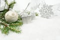 Silver christmas bauble,gifts,snowflake with silver ribbon and n Royalty Free Stock Photo