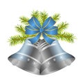 Silver Christmas bell and decorative blue bow with gold border. Royalty Free Stock Photo