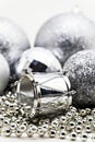 Silver Christmas decoration, balls, beads, bell close up isolate Royalty Free Stock Photo