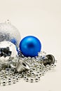Silver Christmas decoration, balls, beads, bell close up isolate Royalty Free Stock Photo