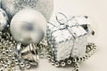 Silver Christmas decoration, balls, beads, bell close up isolate Royalty Free Stock Photo