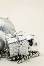 Silver Christmas decoration, balls, beads, bell close up isolate Royalty Free Stock Photo