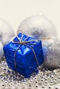 Silver Christmas decoration, balls, beads, bell close up isolate Royalty Free Stock Photo