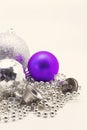 Silver Christmas decoration, balls, beads, bell close up isolate Royalty Free Stock Photo