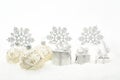 Silver christmas gifts,baubles ribbon on snow Royalty Free Stock Photo
