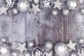 Silver Christmas ornament double border with snow frame on wood Royalty Free Stock Photo