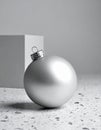 Silver Christmas Ornament Beside White Cube on Textured Surface Studio Lighting Royalty Free Stock Photo