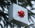 Silver Christmas present red bow Royalty Free Stock Photo