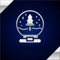 Silver Christmas snow globe with fallen snow and christmas tree icon isolated on dark blue background. Merry Christmas Royalty Free Stock Photo