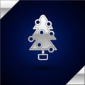 Silver Christmas tree with decorations icon isolated on dark blue background. Merry Christmas and Happy New Year. Vector Royalty Free Stock Photo