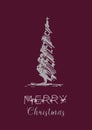 Silver Christmas tree isolated on dark red marsala christmas card