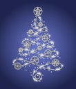 Silver christmas tree made of silver wire with silver gears, sparkles, little scattered stars in steampunk style Royalty Free Stock Photo