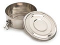 Silver, chrome or nickel metal round box, container for food with open cover and latches isolated on a white background
