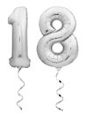 Silver chrome number 18 eighteen made of inflatable balloon with ribbon isolated on white Royalty Free Stock Photo