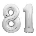 Silver chrome number 81 eighty one made of inflatable balloon on white
