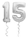 Silver chrome number 15 fifteen made of inflatable balloon with ribbon isolated on white Royalty Free Stock Photo