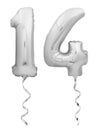 Silver chrome number fourteen made of inflatable balloon with ribbon on white Royalty Free Stock Photo