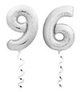 Silver chrome number ninety six 96 made of inflatable balloon with ribbon isolated on white Royalty Free Stock Photo