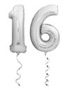 Silver chrome number 16 sixteen made of inflatable balloon with ribbon isolated on white Royalty Free Stock Photo