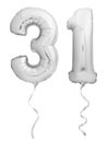 Silver chrome number 31 thirty one made of inflatable balloon with ribbon on white Royalty Free Stock Photo