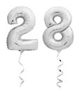 Silver chrome number 28 twenty eight made of inflatable balloon with ribbon isolated on white Royalty Free Stock Photo