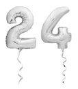 Silver chrome number 24 twenty four made of inflatable balloon with ribbon isolated on white Royalty Free Stock Photo