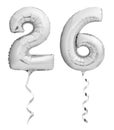 Silver chrome number 26 twenty six made of inflatable balloon with ribbon isolated on white Royalty Free Stock Photo