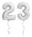 Silver chrome number 23 twenty three made of inflatable balloon with ribbon isolated on white