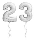 Silver chrome number 23 twenty three made of inflatable balloon with ribbon isolated on white