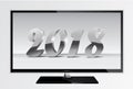 2018 silver chrome numbers design ont tv screen. Happy New Year TV Banner with 2018 Numbers on Gray Background. Vector