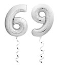 Silver chrome sixty nine 69 made of inflatable balloon with ribbon on white Royalty Free Stock Photo