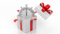 Silver chronometer in a gift box red ribbon