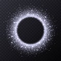 Silver circle frame with sparkles and flares, abstract luminous particles, white stardust light effect. Royalty Free Stock Photo