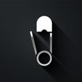 Silver Classic closed steel safety pin icon isolated on black background. Long shadow style. Vector Illustration Royalty Free Stock Photo