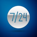 Silver Clock 24 hours icon isolated on blue background. All day cyclic icon. 24 hours service symbol. Vector