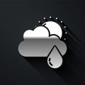 Silver Cloud with rain and sun icon isolated on black background. Rain cloud precipitation with rain drops. Long shadow Royalty Free Stock Photo