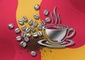 Silver coffee beans and steaming cup on a vibrant abstract background Royalty Free Stock Photo