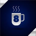Silver Coffee cup with 8 March icon isolated on dark blue background. Tea cup. Hot drink coffee. International Happy Royalty Free Stock Photo