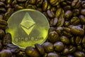 coin cryptocurrency Ethereum is on the coffee beans.