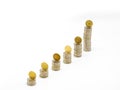 Silver coin stacks of different high with top with gold coin standing on edge. Selected focus. Royalty Free Stock Photo