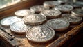 Silver coins with embossed designs scattered on a worn wooden surface Royalty Free Stock Photo