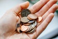 Silver coins in hands. Financial crisis in all countries of the world. Royalty Free Stock Photo