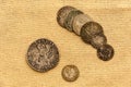 Silver coins on linen background Royalty Free Stock Photo