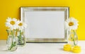 Silver color frame mockup with chamomile flowers in vases on a yellow background. Copy space