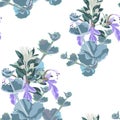 Silver colorful succulent Echeveria seamless vector design print. Natural cactus print with violet herbs in modern funky style.