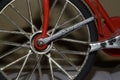 Silver colour cycle wheel, black tyre, selective focus, blurred background.